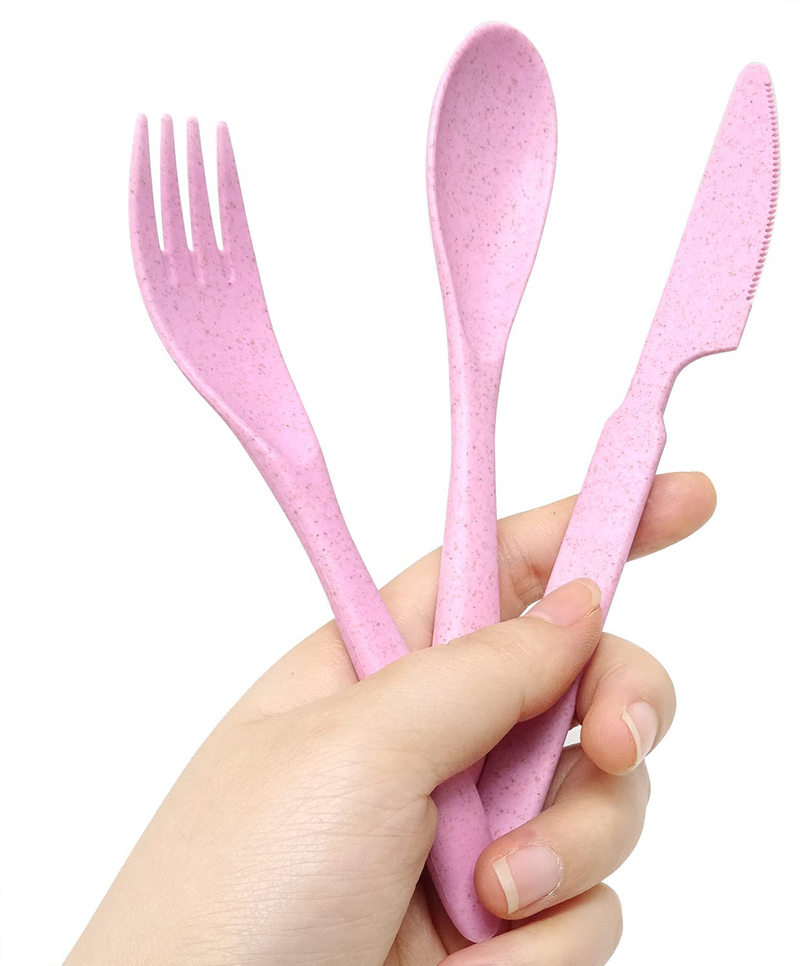 Honbay 3PCS Portable Cutlery Boreal Europe Style Healthy Eco-Friendly Wheat Straw Spoon Fork Knife Tableware set for Travel, Picnic, Camping or Just for Daily Use (pink)