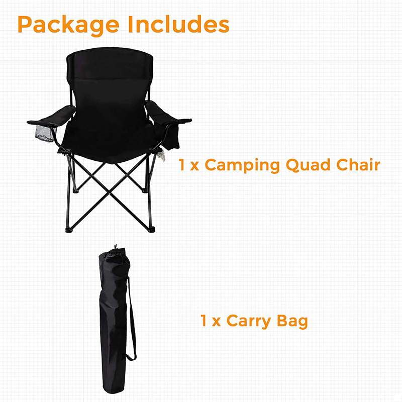 Pacific Pass Full Back Quad Chair for Outdoor and Camping with Cooler and Cup Holder, Carry Bag Included, Supports 300Lbs, Middle, Black