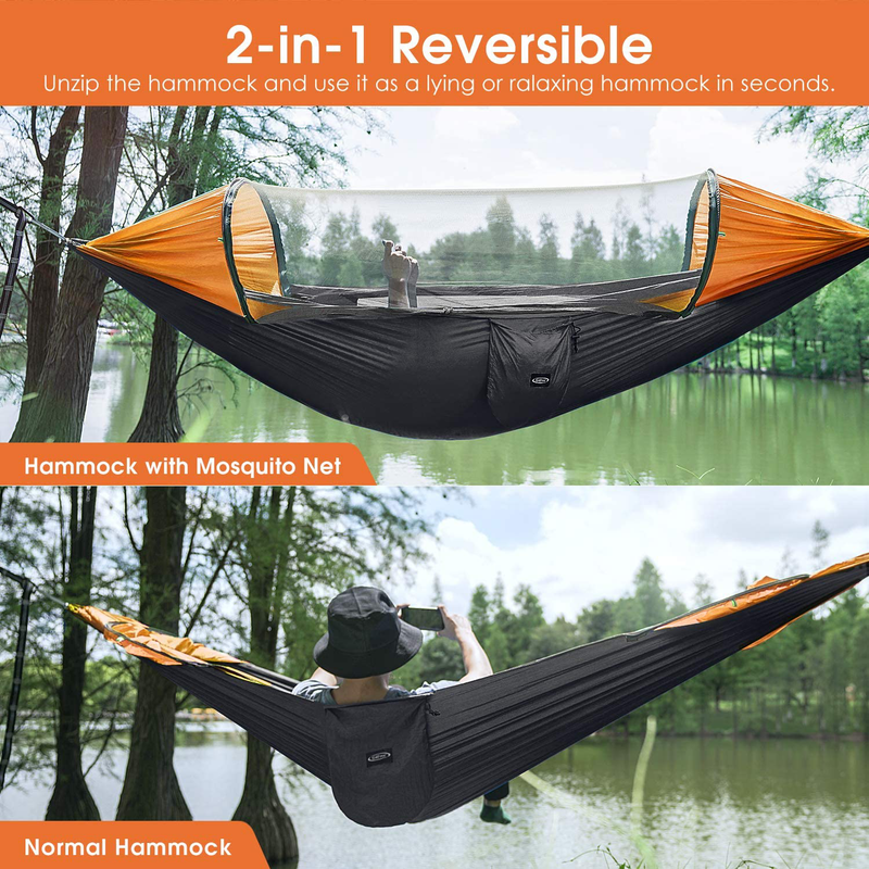 G4Free Large Camping Hammock with Mosquito Net 2 Person Pop-up Parachute Lightweight Hanging Hammocks Tree Straps Swing Hammock Bed for Outdoor Backpacking Backyard Hiking