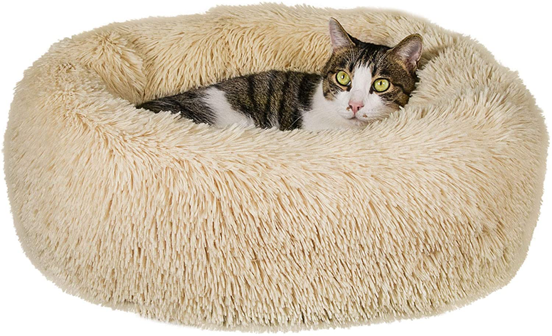 Qucey Dog Cat Bed Soft Comfortable Faux Fur Donut Cuddler, Self-Warming Fluffy Dog and Cat Calming Cushion Bed with Non-Slip Bottom for Joint-Relief and Improved Sleep Animals & Pet Supplies > Pet Supplies > Cat Supplies > Cat Beds Qucey Beige 23" 