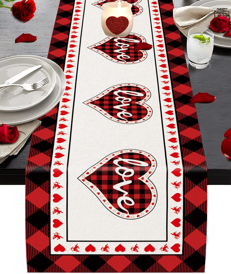 Red Table Runner Valentines Day Decor Vintage Heart Red and Black Buffalo Check Plaid Tablecloths Non-Slip Farmhouse Indoor Outdoor Love Theme Dinner Party Home Decor for Wedding Holiday, 13X72 Inch Home & Garden > Decor > Seasonal & Holiday Decorations IMDCASE   