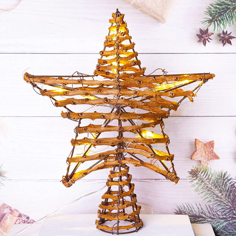 LAWOHO Christmas Tree Topper Star, 10-inch Rustic Brown Rattan Natural with 10 Warm White Lights Three Functions with Timer, Seasonal Decoration for Festive Christmas Home Indoor Ornament Home & Garden > Decor > Seasonal & Holiday Decorations& Garden > Decor > Seasonal & Holiday Decorations LAWOHO Rattan  