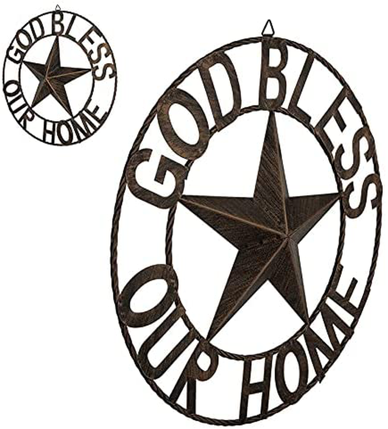 EBEI 18" Metal Barn Star Western Home Wall Decor Antique Circle Dark Brown Texas Lone Star with Letters God Bless Our Home
