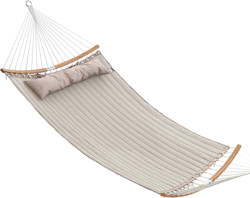 SONGMICS Hammock, Padded Double Hammock, Quilted Hammock with Hanging Straps, Detachable Curved Spreader Bars, Pillow, 78.7 x 55.1 Inches, Load Capacity 495 lb, Blue and Beige UGDC034I01 Home & Garden > Lawn & Garden > Outdoor Living > Hammocks SONGMICS Cream+beige  