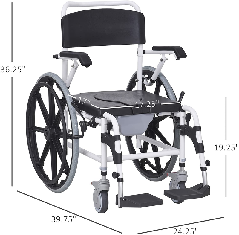 Homcom Rolling Shower Wheelchair Bath Toilet Commode Bariatric with 24" Wheels, Detachable Bucket & Shower-Proof Design, Black