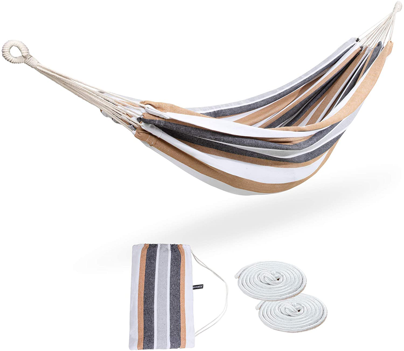 ROOITY Double Hammock Brazilian Hammocks with Portable Carrying Bag,Soft Woven Fabric, Up to 450 Lbs Hanging for Patio,Trees,Garden,Backyard,Porch,Outdoor and Indoor XXX-Large Brown&Grey Stripe Home & Garden > Lawn & Garden > Outdoor Living > Hammocks ROOITY Brown-white  