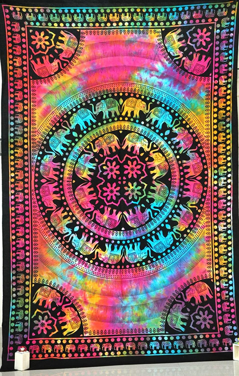 Jaipur Handloom Colorful Elephant Hippie Hippy Tapestry Wall Hanging Throw Tie Dye Hippie Hippy Boho Bohemian Tye Die Hand-loomed Window Doorway Door Curtain