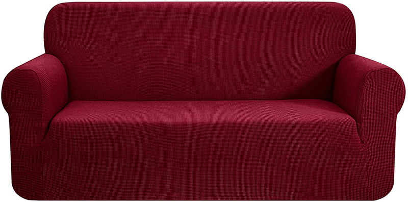 CHUN YI Stretch Sofa Slipcover 1-Piece Couch Cover, 3 Seater Coat Soft With Elastic, Checks Spandex Jacquard Fabric, Large, Black Home & Garden > Decor > Chair & Sofa Cushions CHUN YI Wine X-Large 