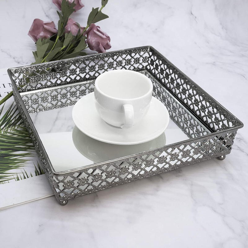 Mirrored Tray, Perfume Tray, Square Metal Ornate Tray, Vanity Jewelry Tray, Serving Tray, Decorative Tray (Set of 1, 8.25", Metal Gun) Home & Garden > Decor > Decorative Trays Tricune   