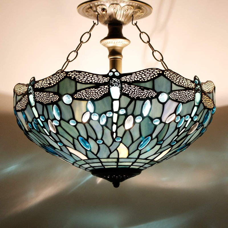 Tiffany Ceiling Light Fixture Semi Flush Mount 16" Sea Blue Stained Glass Dragonfly Shade Close to Dome Island Boho Hanging Lamp Decor Bedroom Kitchen Dining Living Room Entry Foyer Hallway WERFACTORY Home & Garden > Lighting > Lighting Fixtures > Ceiling Light Fixtures KOL DEALS   