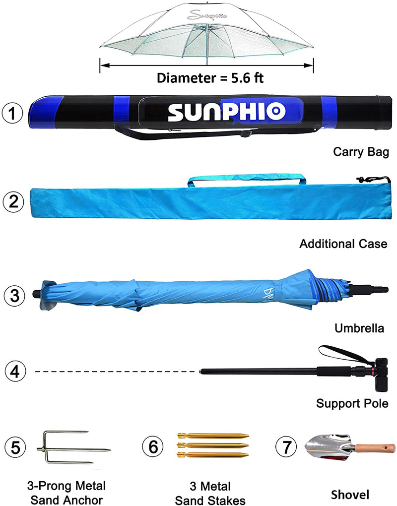 Sunphio Large Windproof Beach Umbrella, Sturdy and UV Protection, Portable Sun Shade Best for Camping, Picnic, Sand, Patio and More, 2 Metal Sand Anchor, 1 Big Carry Bag, 360 Tilt Mechanism (Blue) Home & Garden > Lawn & Garden > Outdoor Living > Outdoor Umbrella & Sunshade Accessories Sunphio   