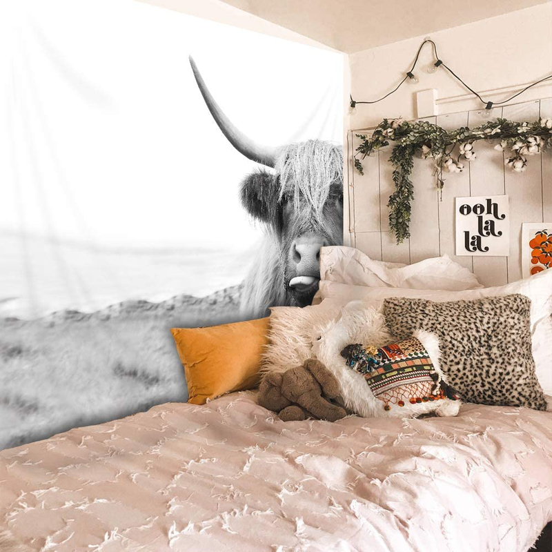 Homewelle Cow Tapestry Animal Highlander 59Wx51H Inch Highland Cattle Bull Portrait Western Cool Funny Farmhouse Cute Sketch Milk Wildlife Aesthetic Wall Hanging Bedroom Living Room Dorm Decor Fabric Home & Garden > Decor > Artwork > Decorative Tapestries Homewelle   