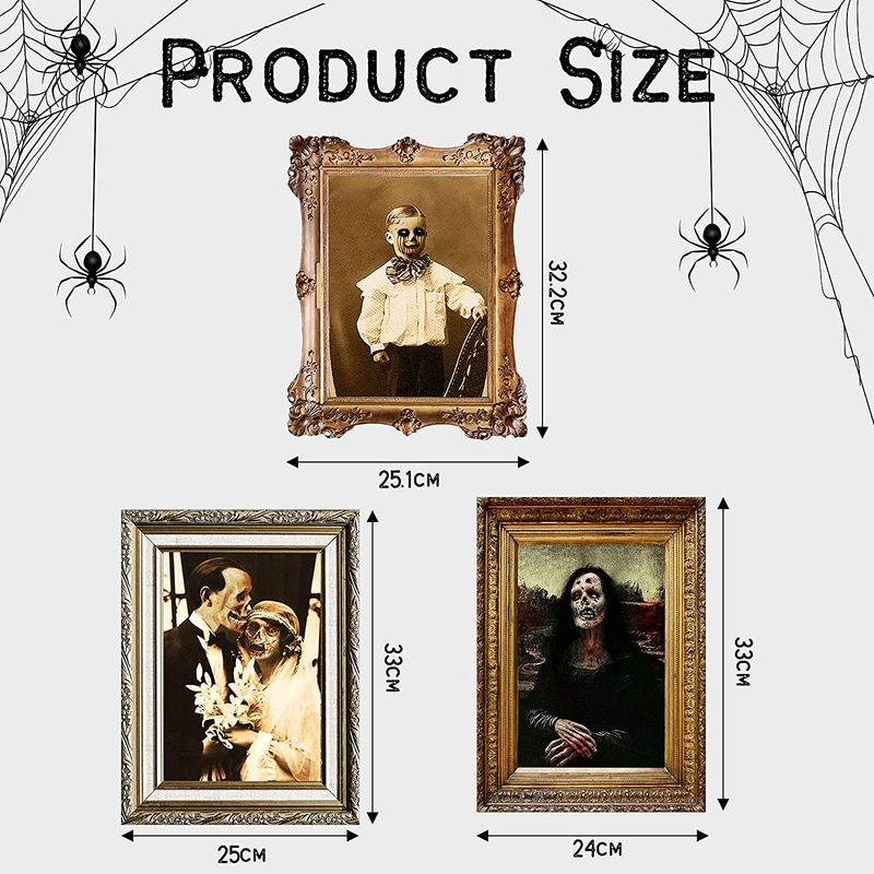 Halloween Decorations 3D Changing Face Horror Pictures Moving Portrait Haunted Pictures Gothic Mansion Portraits Tabletop Picture Frame Scary Wall Decoration for Halloween Party House (Classic,3 PCS) Arts & Entertainment > Party & Celebration > Party Supplies BBTO   