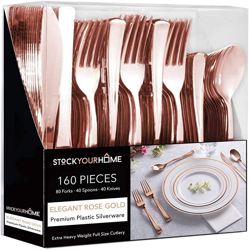 Plastic Cutlery Heavy Duty - 160 Piece Rose Gold Plastic Silverware - Rose Gold Plastic Utensils - Pink Plastic Cutlery – 80 Plastic Forks, 40 Plastic Spoons, 40 Plastic Knives Home & Garden > Kitchen & Dining > Tableware > Flatware > Flatware Sets Stock Your Home Default Title  