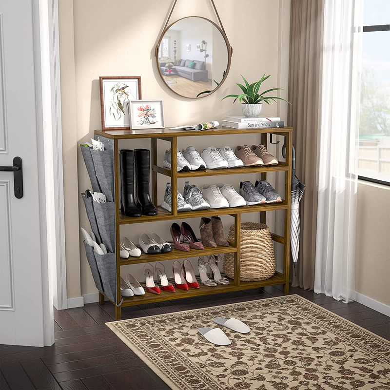 Homykic Shoe Rack for Entryway, 5-Tier Bamboo Boots Shoes Storage Shelf Organizer Free Standing Table with Slippers Pockets and Hooks for Closet, Front Door, Hallway, Living Room, Mudroom, Walnut Furniture > Cabinets & Storage > Armoires & Wardrobes Homykic   