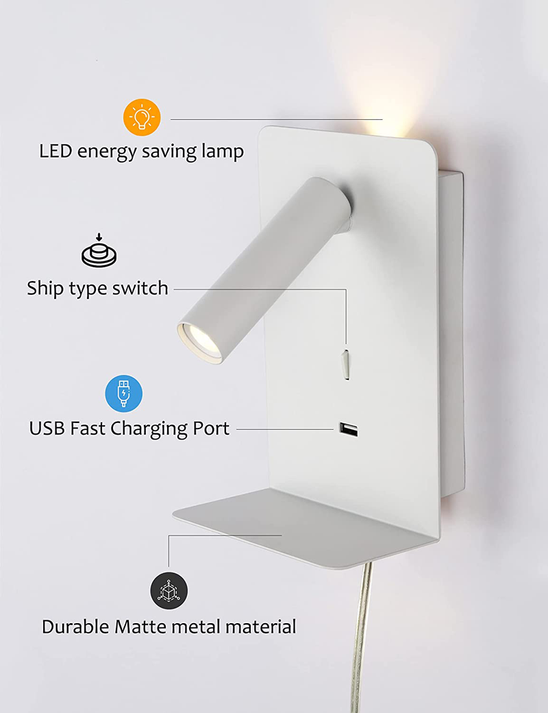 Plug in Wall Lamp with Cord Bedroom Wall Mounted Reading Light LED Bedside Sconces with Switch USB Port Wall Lighting with Shelf 3000K(White)