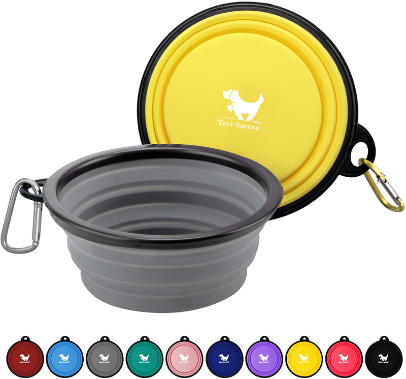 Rest-Eazzzy Expandable Dog Bowls for Travel, 2-Pack Dog Portable Water Bowl for Dogs Cats Pet Foldable Feeding Watering Dish for Traveling Camping Walking with 2 Carabiners, BPA Free  Rest-Eazzzy grey&yellow Medium 