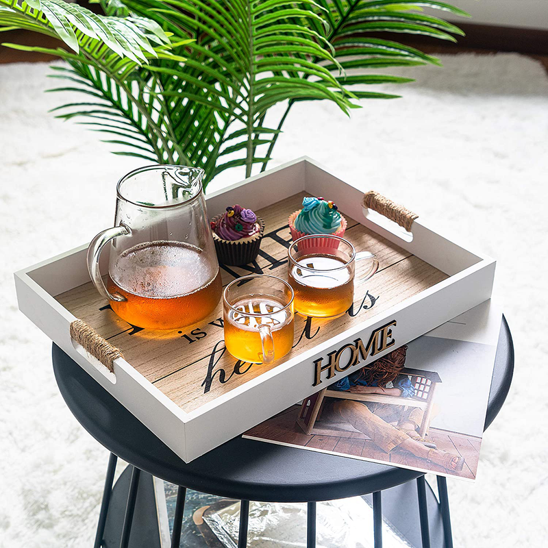 Hendson Serving Tray - Home is Where The Heart is - Wooden Decorative Tray for Ottoman Coffee Table - 16"X12" - Home Sign White Farmhouse Tray with Handles for Living Room, Kitchen