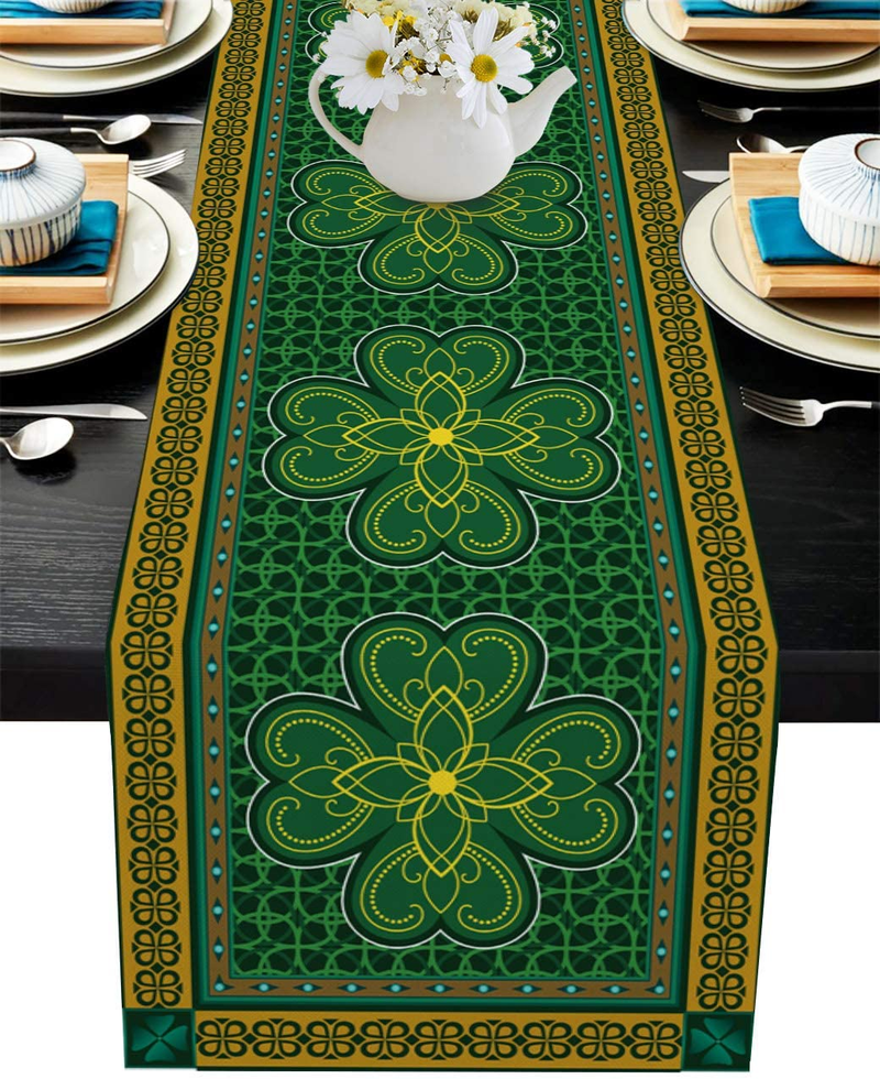 Linen Burlap Table Runner, St. Patrick'S Day Vintage Lucky Clover Shamrocks Leave Dresser Scarve, Non-Slip Farmhouse Table Runners for Wedding, Holiday Parties, Kitchen, Dining Room Decoration 13"X70" Arts & Entertainment > Party & Celebration > Party Supplies IDOWMAT Spt-007hst6434 14"x72" 