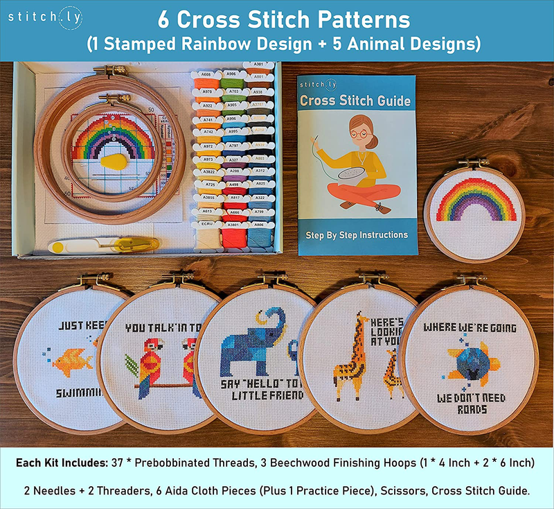 Stitch.ly Cross Stitch Kits Beginner. 5 Cross Stitch Patterns. Anxiety Relief. Designed in Ireland. 3 Embroidery Hoops. Instruction Guide Included