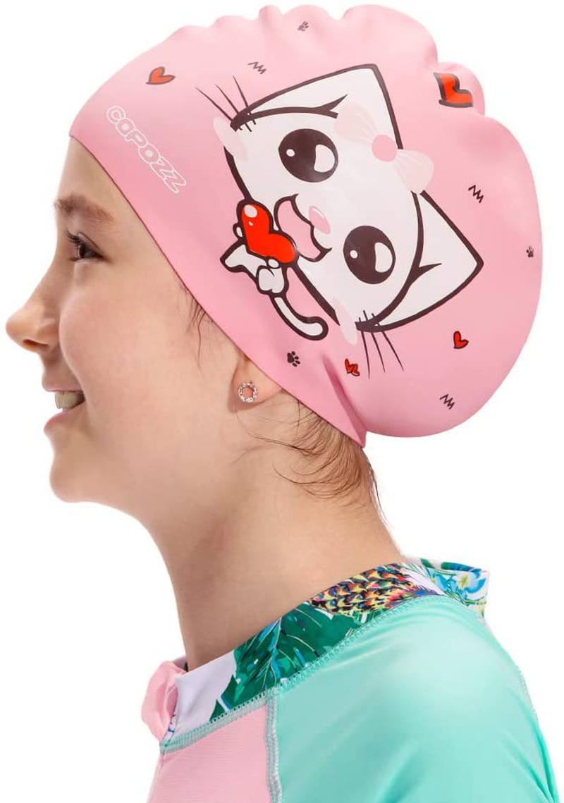 COPOZZ Kids/Adult Swim Caps, Silicone Waterproof Comfy Bathing Cap Swimming Hat for Long and Short Hair Sporting Goods > Outdoor Recreation > Boating & Water Sports > Swimming > Swim Caps COPOZZ Pink Kitten-5-12yrs  
