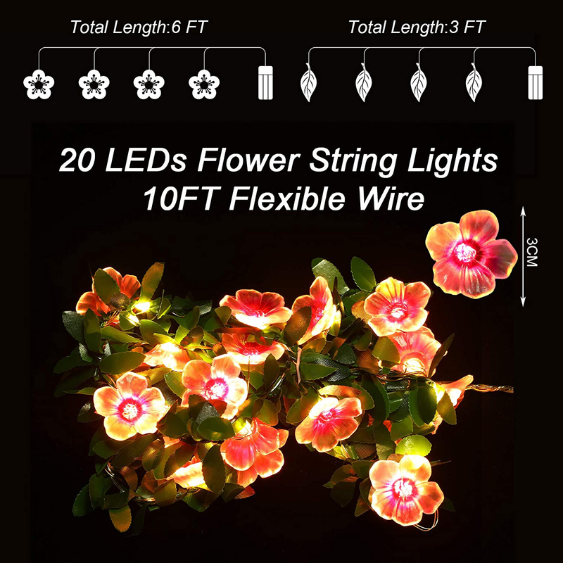Flower String Lights Cherry Blossom Lights 6.6 Ft 20 LED and 3.3 Ft 10 LED Greenery Garland Battery Powered Lights for Valentine'S Day Wedding Birthday Parties Nursery Room Girls Bedroom Decor (Pink) Home & Garden > Decor > Seasonal & Holiday Decorations Mudder   
