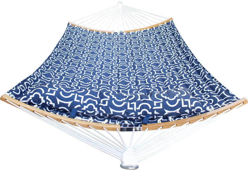 SUNNY GUARD 11FT Double Hammock Quilted Fabric Curved-Bar Bamboo＆Detachable Pillow,2 Person Hammock for Outdoor Patio Backyard 75"x55",Navy Blue