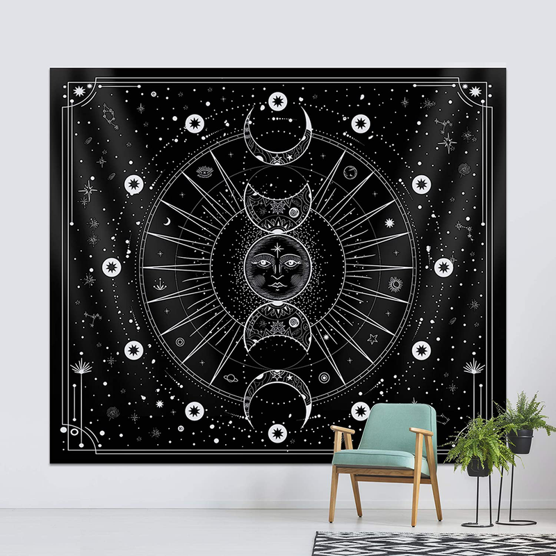 Sun Moon Tapestry Wall Hanging Stars Space Psychedelic Black and White Tapestries Wall Tapestry for Bedroom Aesthetic Home Wall Room Decor (Mysterious Black, 51.2x59.1 Inches, 130x150 cm) Home & Garden > Decor > Artwork > Decorative Tapestries Hihealer   