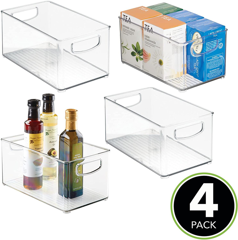 Mdesign Plastic Kitchen Organizer - Storage Holder Bin with Handles for Pantry, Cupboard, Cabinet, Fridge/Freezer, Shelves, and Counter - Holds Canned Food, Snacks, Drinks, and Sauces - 4 Pack - Clear
