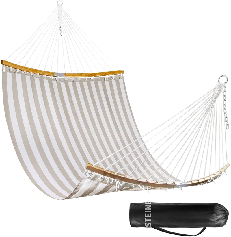 Large 2 Person 11FT Double Hammock Quilted Fabric Swing with Foldable Curved Bamboo Bar & Detachable Pillow & Carrying Bag - 75" x 55" Heavy Duty 450lbs Capacity for Indoor and Outdoor - Havana Brown Home & Garden > Lawn & Garden > Outdoor Living > Hammocks Bathonly Light Beige  