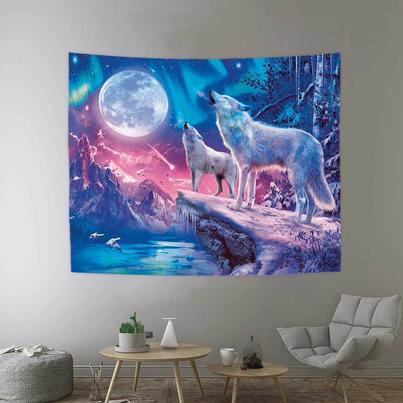 DBLLF Cool Wolf Tapestry Fantasy Animals Moon Tapestry for Boys Men Bedroom Colorful Aesthetic Blue Galaxy Mountian Forest Tapestry 80”60” Flannel Large Art Tapestries for Living Room Dorm DBLS855 Home & Garden > Decor > Artwork > Decorative TapestriesHome & Garden > Decor > Artwork > Decorative Tapestries DBLLF 60Wx51L  