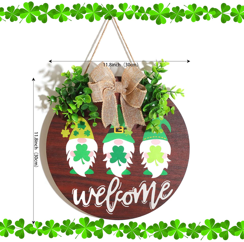 Davsolly St Patrick Day Welcome Sign for Front Door Décor St Patrick Day Wood Door Wreath with Gnomes Shamrock Burlap Bow Decoration Arts & Entertainment > Party & Celebration > Party Supplies Davsolly   