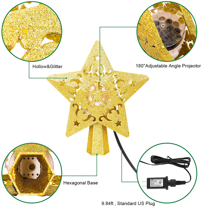 Christmas Tree Topper - Star Christmas Tree Topper Lighted with 3D Rotating Santa - LED Hollow Glitter Projector - Christmas Tree Topper for Christmas Tree Decorations (Gold) Home & Garden > Decor > Seasonal & Holiday Decorations& Garden > Decor > Seasonal & Holiday Decorations Vzazel   