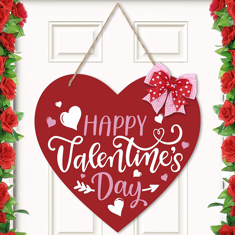 Huray Rayho Pink Heart Happy Valentine'S Day Wooden Door Sign Hanger Romantic Love Front Doorplate Farmhouse Home Ornaments Festive Bow Indoor/Outdoor Decoration Gift Ideas Supplies 13" Home & Garden > Decor > Seasonal & Holiday Decorations Huray Rayho Red  