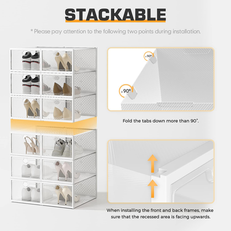 Pinkpum Stackable Shoe Box, 12 Pack Large Clear Plastic Shoe Storage Foldable Sneaker Storage Fit for Size 12 Furniture > Cabinets & Storage > Armoires & Wardrobes PINKPUM   
