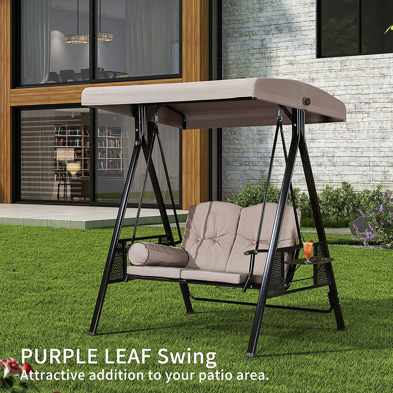 PURPLE LEAF 2-Seat Deluxe Outdoor Patio Porch Swing with Weather Resistant Steel Frame, Adjustable Tilt Canopy, Cushions and Pillow Included, Beige Home & Garden > Lawn & Garden > Outdoor Living > Porch Swings PURPLE LEAF   