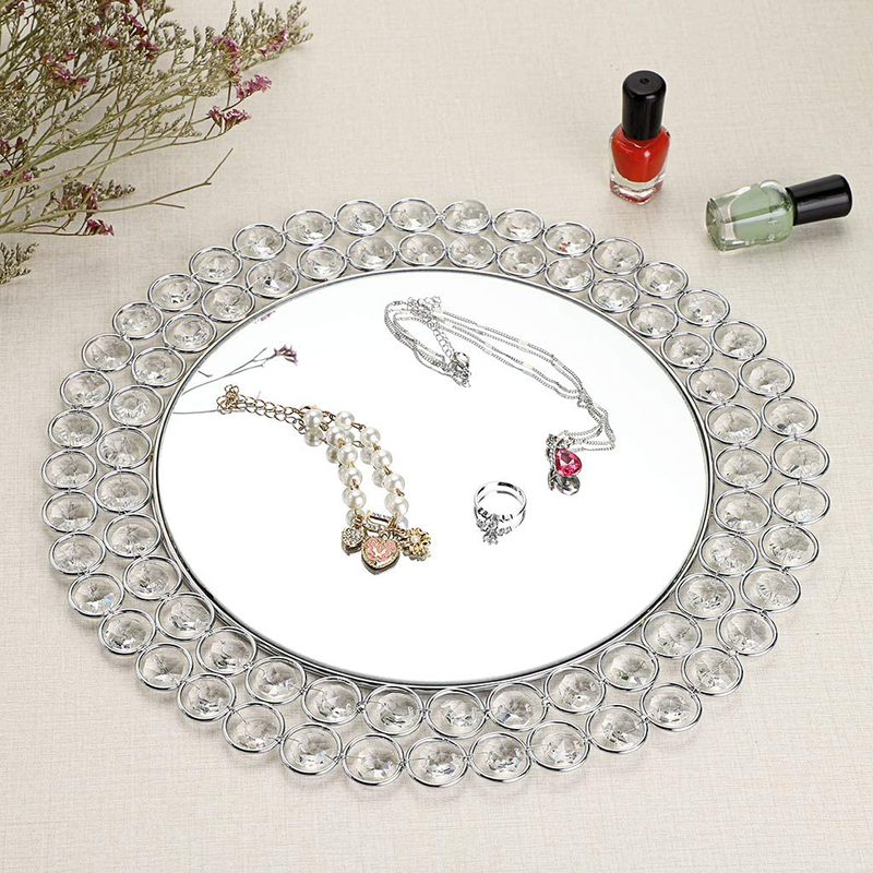 Hipiwe Crystal Mirrored Jewelry Tray Cosmetic Organizer Vanity Tray Plate Decorative Dresser Tray Table Perfume Tray Makeup Storage Tray, 11.6 Inches