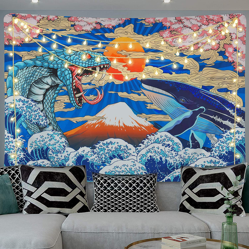 Japanese Tapestry Ocean Wave Tapestry Sunset Tapestry Trippy Snake and Whale Tapestry Anime Tapestry Wall Hanging for Bedroom Living Room (51.2 x 59.1 inches)