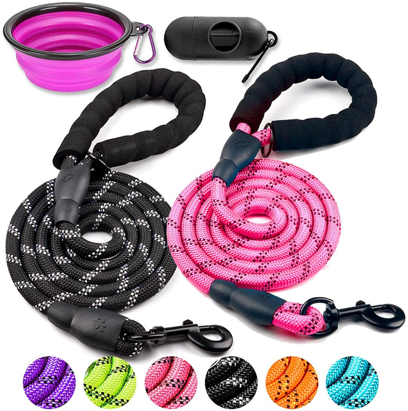 COOYOO 2 Pack Dog Leash 5 FT Heavy Duty - Comfortable Padded Handle - Reflective Dog Leash for Medium Large Dogs with Collapsible Pet Bowl Animals & Pet Supplies > Pet Supplies > Dog Supplies COOYOO Set 1-Black+Pink 0.5in. x 5ft.(for dogs weight 18-120lbs.) 