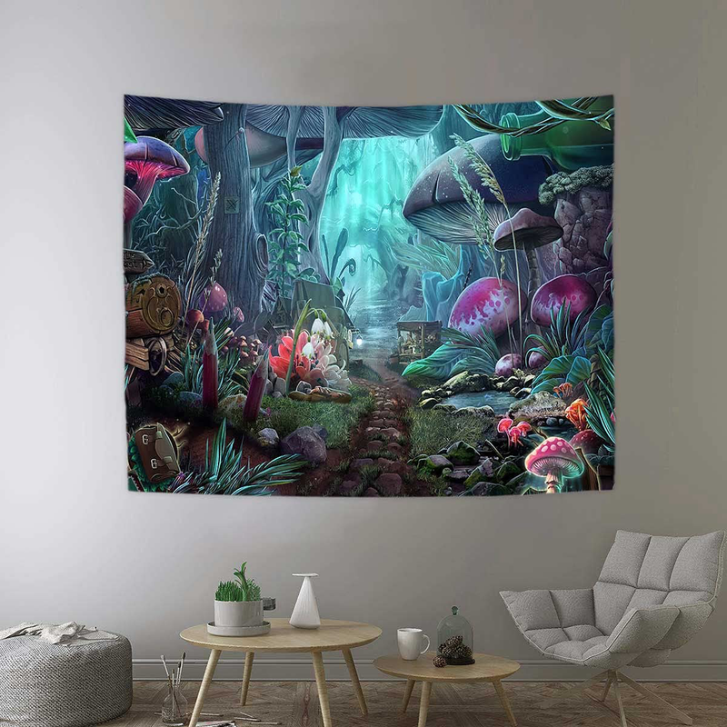 DBLLF Psychedelic Game Mushroom Castle Tapestry Large 80"x 60" Cotton Art Tapestries Fairy Tale Forest Tapestry for Bedroom Living Room Dorm DBLS774 Home & Garden > Decor > Artwork > Decorative TapestriesHome & Garden > Decor > Artwork > Decorative Tapestries DBLLF Green 60Wx51L 