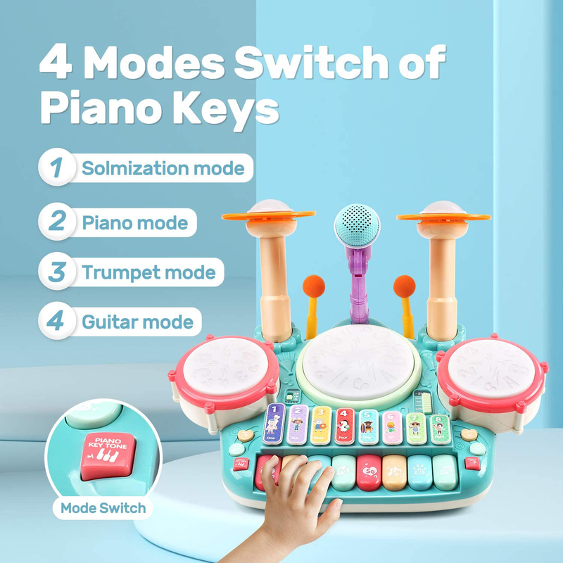 CUTE STONE 5 in 1 Musical Instruments Toys,Kids Electronic Piano Keyboard Xylophone Drum Toys Set with Light, 2 Microphone, Learning Toys Eduactional Gift for Baby Infant Toddler Girls Boys
