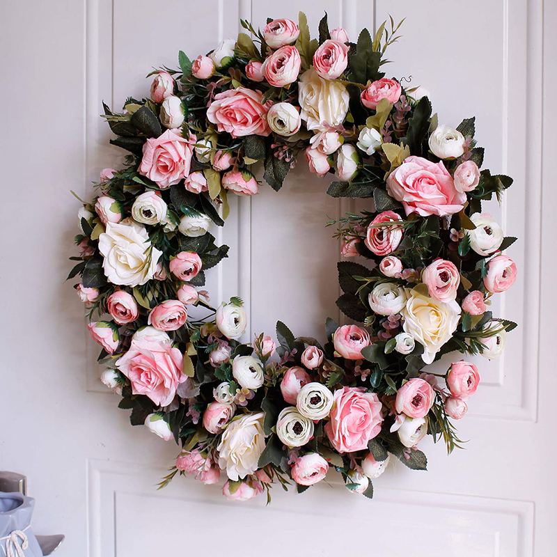 Dseap Wreath - 21”, Rose: Large Rustic Farmhouse Decorative Artificial Flower Wreath, Faux Floral Wreath for Front Door Window Wedding Outdoor Indoor - Round, Pink Home & Garden > Plants > Flowers Dseap Pink(19-inches)  