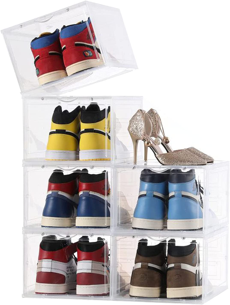 Clemate Shoe Storage Box,Set of 6,Shoe Box Clear Plastic Stackable,Drop Front Shoe Box with Clear Door,Shoe Organizer and Shoe Containers for Sneaker Display,Fit up to US Size 12(13.4”X 9.84”X 7.1”) Furniture > Cabinets & Storage > Armoires & Wardrobes Clemate Clear-6Pack  