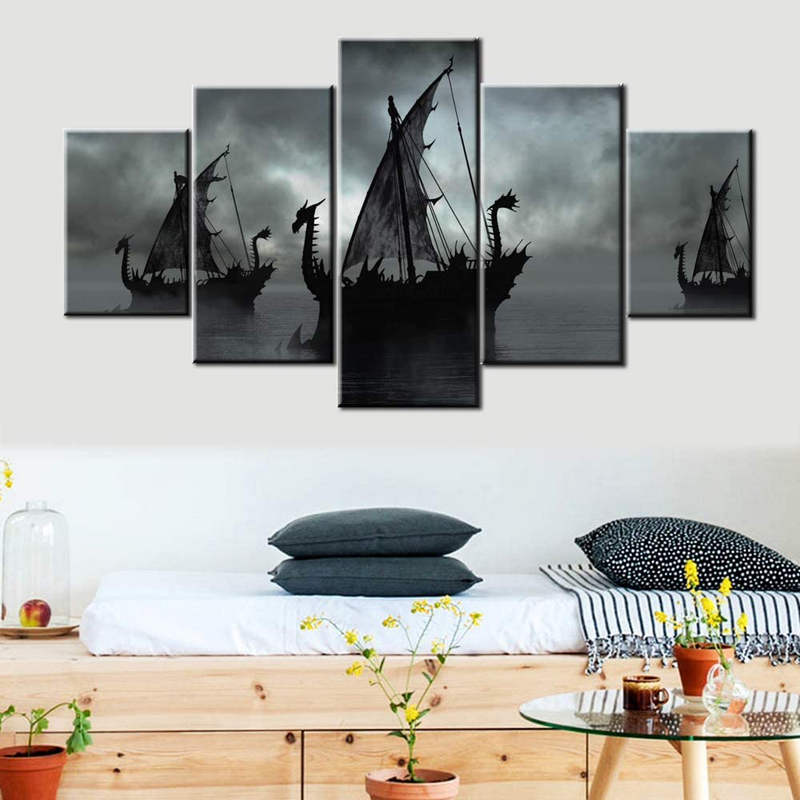 Norse Decor Black and White Painting Vikings Ship Artwork Fantasy Sailing Boat Pictures for Living Room Home 5 Panel Dragon Canvas Wall Art Modern Framed Ready to Hang Posters and Prints(60''Wx32''H) Home & Garden > Decor > Artwork > Posters, Prints, & Visual Artwork TUMOVO   