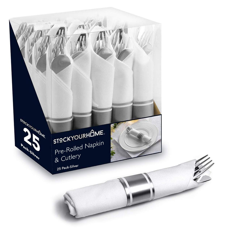 Pre Rolled Napkin and Cutlery Set 25 Pack Disposable Silverware for Catering Events, Parties, and Weddings (Gold) Home & Garden > Kitchen & Dining > Tableware > Flatware > Flatware Sets Stock Your Home Silver  