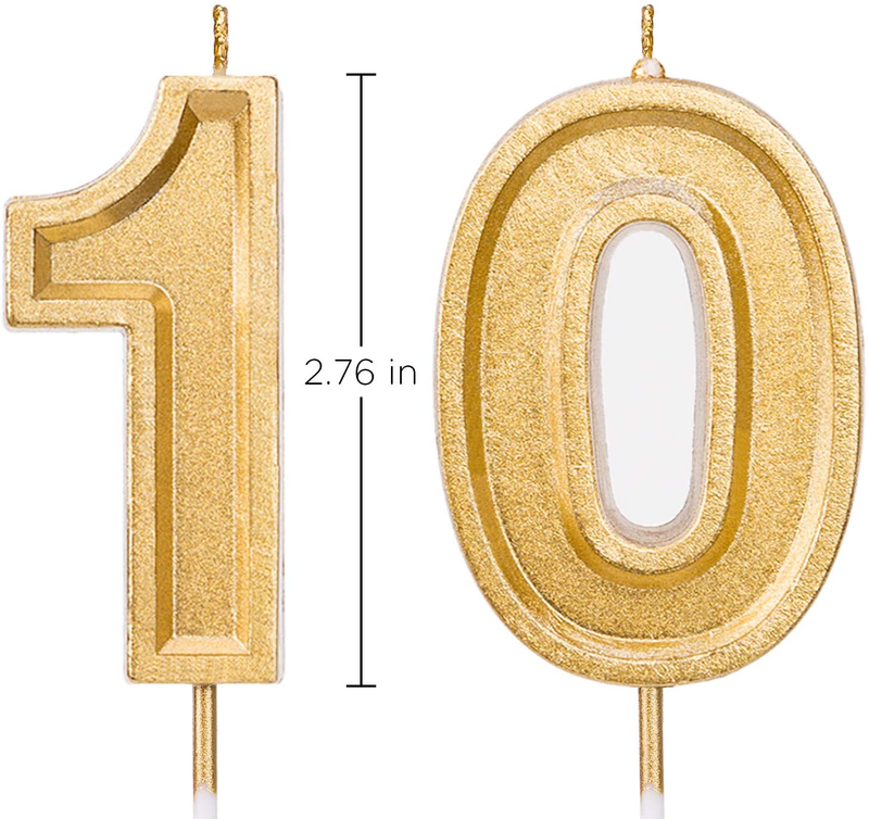 LUTER 2.76 Inch Gold Glitter Happy Birthday Cake Candles Number Candles Birthday Candle Cake Topper Decoration for Party Kids Adults (Number 10)
