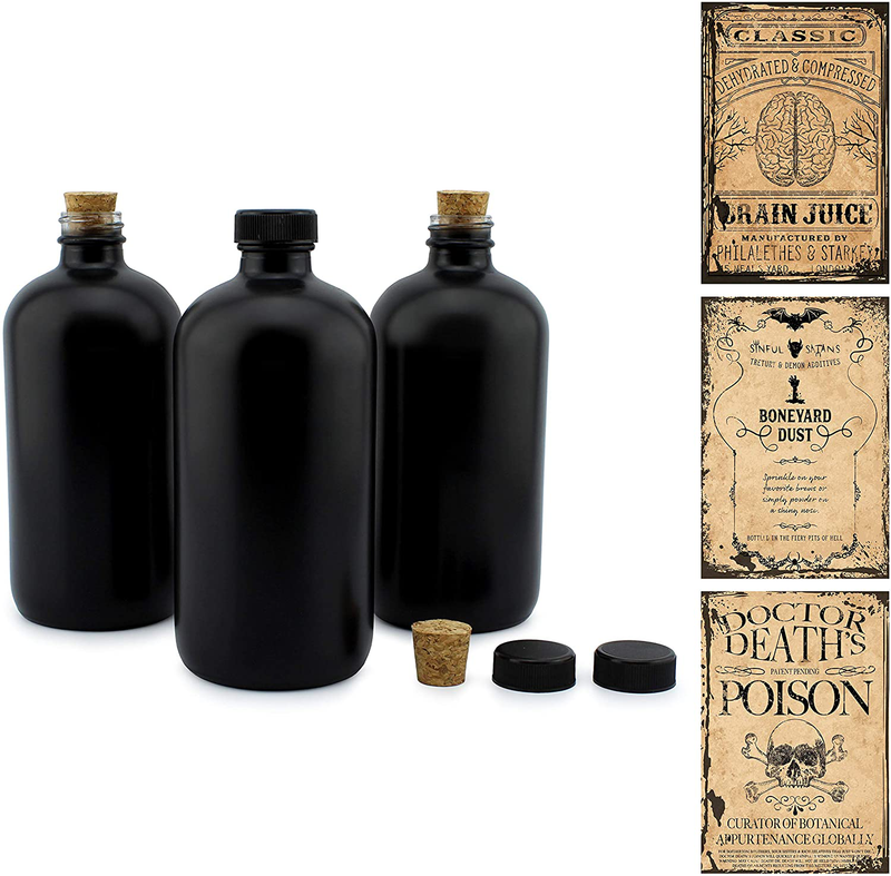Cornucopia Brands Black 16-Ounce Glass Apothecary Bottles (3-Pack); Boston Round Bottles with Designer Labels Ideal for Aromatherapy, DIY, Herbal Treatments and Halloween, Matte Black Coated Bottles