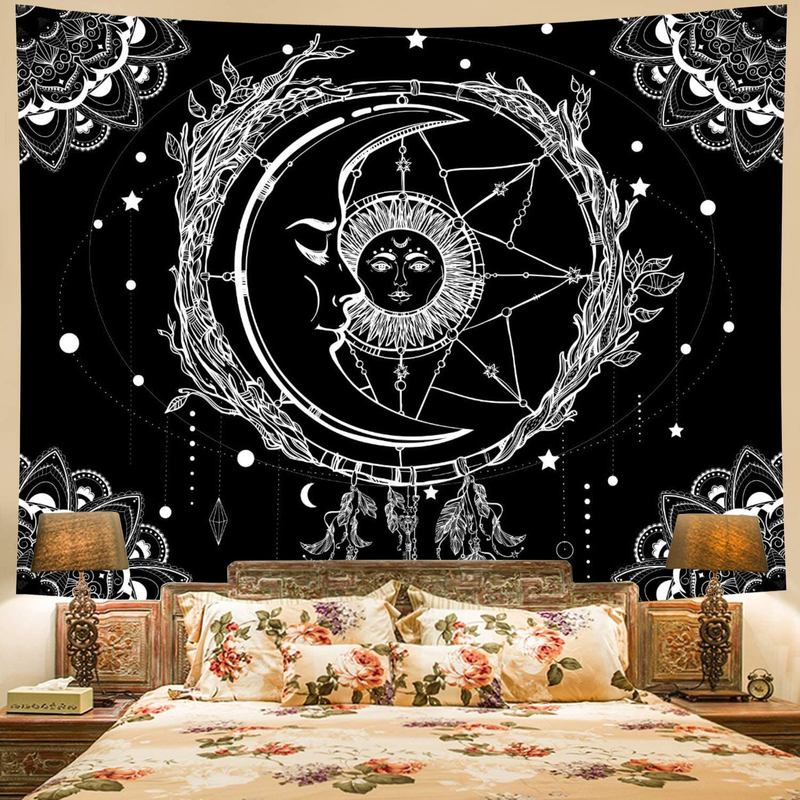 Moon and Sun Tapestry Psychedelic Bohemian Mandala Wall Tapestry Black and White Indian Hippy Celestial Tapestry Starry Dreamcatcher Tapestry Wall Hanging for Bedroom Living Room Dorm(W59.1" × H51.2") Home & Garden > Decor > Artwork > Decorative Tapestries Racunbula   