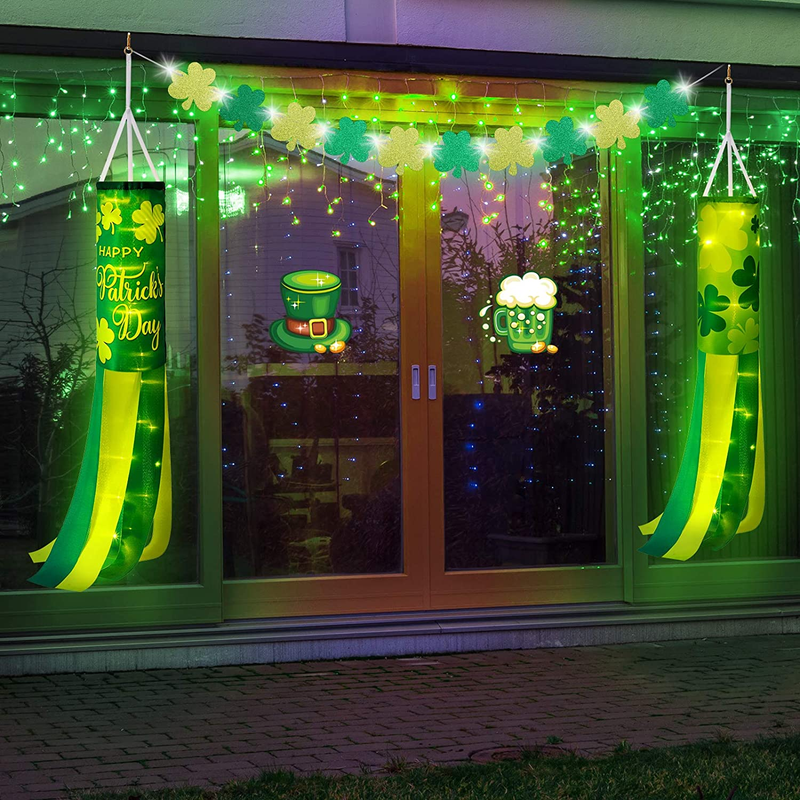 Happy St. Patrick'S Day Windsock 2 Pieces Green Shamrock Windsock with LED Ropes Light Polyester Garden Windsock Decorative for St. Patrick'S Day Outdoor Hanging Home Outdoor Decoration