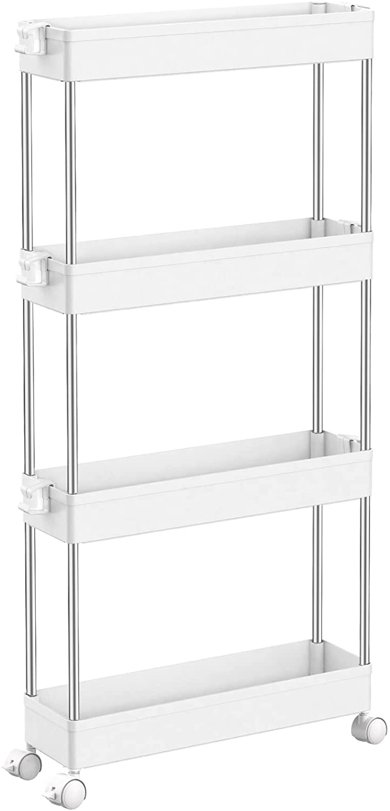 SPACEKEEPER 4 Tier Slim Storage Cart Mobile Shelving Unit Organizer Slide Out Storage Rolling Utility Cart Tower Rack for Kitchen Bathroom Laundry Narrow Places, Plastic & Stainless Steel, White Home & Garden > Kitchen & Dining > Food Storage SPACEKEEPER White  